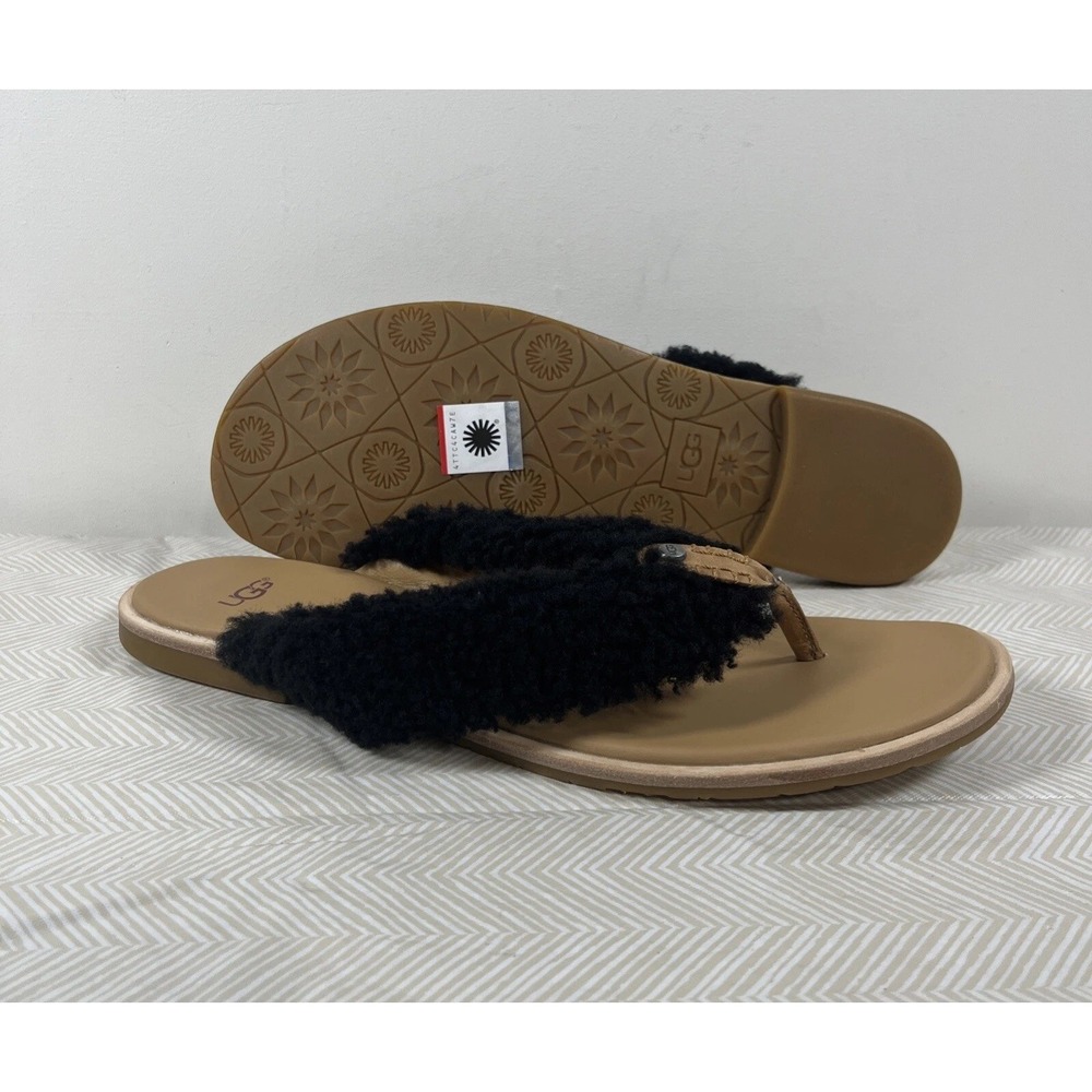 UGG Alicia Womens 12 Shearling Sherpa Sandals 1101030 Black Slip On Flip Flop
